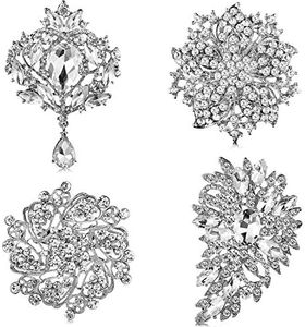 Geyoga 4 Pcs Women's Rhinestone Brooches Set Flower Crystal Brooches Pins Vintage Wedding Brooches for Banquet Wedding Graduation Daily Jewelry Supplies, Metal
