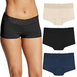 Maidenform Womens Boyshort Underwear, Cotton Boyshort Panties for Women, Assorted Colors, 3-Pack, Latte Lift/Black/Navy, Lace, Medium