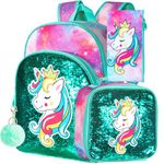 3PCS Unicorn Backpack for Girls, 16" Sequins Kids Bookbag with Lunch Box, School Bags for Elementary Preschool Kindergarten - Green