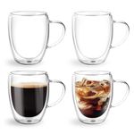 Double Wall Glass Coffee Mugs Glass Mug with Handles Double Wall Cappuccino Cups, 12oz of Set 4 Coffee Tea Mugs, Clear Glasses with Handle