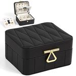 KAMIER Travel Jewelry Box Organizer, Diamond Quilted Leather Jewelry Case with Mirror, Small Portable Jewelry Box for Women, Black