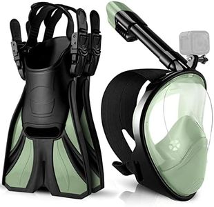 Odoland Snorkeling Packages, Full Face Snorkel Mask for Adults & Youth with Camera Mount, Adjustable Swim Fins, Anti-Fog Anti-Leak Diving Gear for Men Women Teens, Olive Green, L/XL
