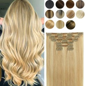 HUAYI Clip In Hair Extensions Human Hair,Dark Ash Blonde to Bleached Blonde Brazilian Hair Remy Hair (14In 7pcs 120g)