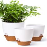 Gardrium Self Watering Plant Flower Pots 12/10/9 inch Set of 3, Plastic Planters with Drainage Hole for Indoor Outdoor Garden, White with Brown Saucer