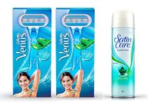 Gillette Razor Venus Hair Removal Razor for Women 2 Units with Gillette Satin Care Sensitive Skin Pre Shave Gel with Aloe Vera - 195 g