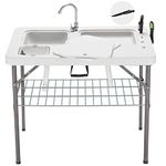 Hupmad Folding Fish Cleaning Table Portable Camping Two Sinks Table with Faucet Drainage Hose & Sprayer Outdoor Fish Fillet Cleaning Station with Grid Rack & Knife Groove for Picnic Fishing, 37H