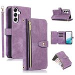 UEEBAI Wallet Case for Samsung Galaxy S24 5G, 9 Card Slots Retro Leather Wallet Shockproof Flip Cover with Hand Strap Card Slots Zipper Pocket Kickstand Handbag Magnetic Closure - Purple