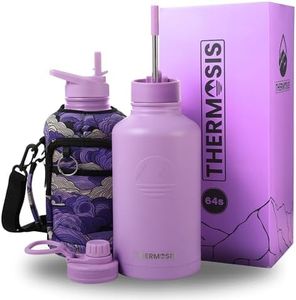 Thermosis 3 Lids 64 Oz Water Bottle With Straw, Stainless Steel Insulated Half Gallon Water Bottle Thermos, Include Sports Water Bottle Holder With Strap (1/2 Gallon Water Jug) - Lavender (Pattern)