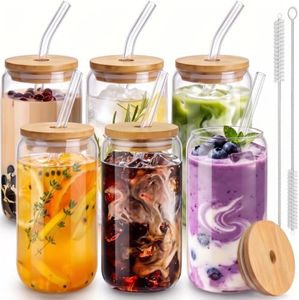 6 Pcs Drinking Glasses with Bamboo Lids and Glass Straw - 16 Oz Can Shaped Glass Cups Beer Glasses Ice Coffee Glasses Cute Tumbler Cup Great for Soda Boba Tea Cocktail Include 2 Cleaning Brushes