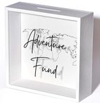 Mysu Designs, Adventure Fund Box, White Shadow Box Bank Travel, Acrylic Glass & Wooden Piggy Banks for Adults, Vacation Fund Saving Money Box, Honeymoon Fund Savings Box, Wedding Gifts, Travel Fund