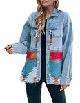 Lumister Women's Aztec Denim Jacket Distressed Lapel Long Sleeve Vintage Button Down Denim Jacket Shacket, Multicolor, Small