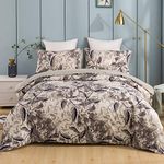 Tache Elagant Abstract Whimsical Wispy Leaf Floral Neutral Monochromatic Taupe Grey Purple Soft Microfiber Zipper Duvet Cover, Queen