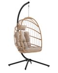 SWITTE Hanging Egg Chair with Stand, Indoor Outdoor Wicker Egg Swing Chair with Cushion for 350lbs Capacity for Patio, Bedroom, Garden - Cream