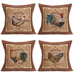 Fukeen Vintage Farm Rooster Hen Throw Pillow Covers French Lecoq and Poule Quotes Design Set of 4 Cotton Linen Cushion Cases Organic Chicken Rural Farmhouse Couch Decor Pillowcase 18” x 18”