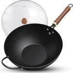 Jobin 33 cm/13'' Wok Non Stick with Lid, Carbon Steel Wok Pan with Steel Helper Handle & Large Capacity for Cook Asian Dishes for 4-6 People, Stir Fry Pan for Induction Gas Electric, All Hobs