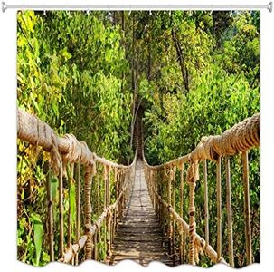 A.Monamour Rope Suspension Bridge Footbridge in Green Forest Woods Trees Nature Landscape Print Waterproof Polyester Fabric Thick Shower Curtain, No Liner Needed
