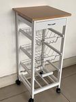 Kitchen Trolley White/Grey Wooden 3 Tier Rolling Basket Organiser Cart (3 Basket + 1 Wine Rack) Utility Storage Cart with 3 Basket Drawers Wine Rack, Wheels for Dining Room, Natural and White (White)