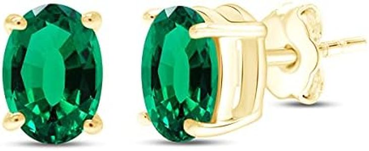 AFFY 8X6MM Oval Shape Birthstone Simulated Emerald Solitaire Stud Earrings With Friction Back for Women In 14K Yellow Gold Over Sterling Silver (VVS1- VVS2 Clarity)