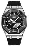 V2A Allure Octagonal Screw Case Analogue-Digital Watch for Men, Silicon Band, 30M Water Resistant, 5 Alarms, World Time, Countdown, Stopwatch Men Watch | Birthday Gift for Men (Black-Silver)