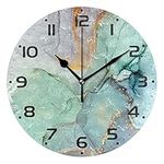 Mnsruu Large Wall Clocks, Abstract Golden Teal Marble Texture Battery Operated Non Ticking 10 inch Clock Silent Art Bedroom Kitchen Clock Atomic Analog Clocks Home Decor, 25 x 25 CM