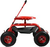 Sunnydaze Garden Cart Rolling Scooter with Extendable Steering Handle -Swivel Seat and Utility Basket - Red