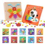 Button Art Toy for Toddlers Wooden Mosaic Pegboard Toy Color Matching Toy Fine Motor Skill with Box 180 Buttons 10 Pictures Montessori Early Development Toy for Toddlers Boys Girls 1 2 3 4 5 6