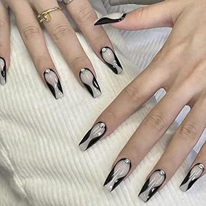 24Pcs Press on Nails long Rhinestones Coffin French Fake Nails Ballet Luxury Black Line Glossy Fake Nails, for Women and Girl DIY Manicure