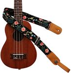 MUSIC FIRST Original Design “Dark Night Garden” Soft Muslin & Genuine Leather Ukulele Strap Ukulele Shoulder Strap With a Genuine Leather Strap Locker