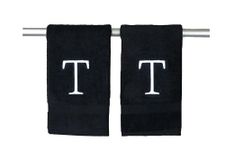 Black and White Bathroom Hand Towel - Monogrammed Luxury Hotel Quality Decorative Embroidered Towel for Powder Room, Spa - GOTS Organic Certified - Set of 2 Letter T