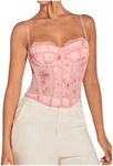 SHENHE Women's Lace Floral Corset Top Sexy Mesh Backless Going Out Bustier Crop Top Light Pink L