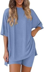 PRETTYGARDEN Women's Two Piece Lounge Set 2025 Summer Casual Oversized Shirts Biker Shorts Matching Airport Travel Outfit (Grey Blue,Medium)