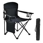 WUROMISE Large Portable Camping Chair - Steel Frame, Folding Design, Storage Pockets, Cup Holder, Carry Bag - Ideal for Beach, Fishing, Tailgating, Outdoor Sports - Black