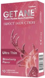 GETANE Strawberry Flavored Lubricated Condoms, Comfortable and Intensified Lubricant Condoms for Men, Premium Natural Latex, 10 Count Pack