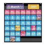 REGELETO 44 Pockets Calendar Pocket Chart for Classroom with 85 Cards, Monthly Calendar and Weather Black Pocket Chart for Kids Learning for Home or Kindergarten (25” X 24”)…