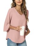 TAOHUADAO Womens 2023 Casual V-Neck Loose Tunic Top for Leggings 3/4 Sleeve Chiffon Blouse Shirt Tops X-Large, Pink