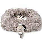 XxingSheep XL Cat Tunnel with Bed for Indoor Cats Peekaboo Cat Cave Donut Toy with Warm Mat,Yellow-Brown