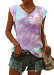 WNEEDU Womens Tops Summer V Neck T-Shirt Casual Cap Short Sleeve V Neck Loose Fit Tank Tops Dye Blue Purple Orange XL