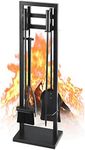 FEED GARDEN Fireplace Tools Set 5 Pieces, 30 Inch Modern Wrought Iron Outdoor Fireplace Accessories Set Long Holder Indoor with Poker, Tong, Shovel, Brush, Base Black