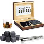 Whiskey Gift Sets for Men, WOVTE 9 PCS Natural Granite Whiskey Chilling Stones and Stylish Wooden Box, Reusable Bourbon Cognac Scotch Wine Gin Ice Cube for Father Dad Boyfriend Birthday Anniversary