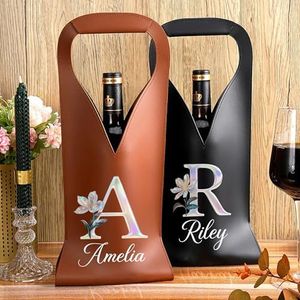 Personalized Wine Bags with Name | Custom Wine Bags for Wine Bottles Gifts | Wine Bottle Carrier Bag | 5 Color Options | Birthday Party Travel Gifts (Pearl Effect Birth Flower Initial)
