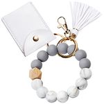 UpUDo Keychain Bracelet Wristlet, Silicone Beaded Key Ring Bracelet with Card Wallet, Elastic Keyring Bangle for Womens