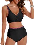 Hanna Nikole Women Two Piece Vintage Swimsuit Retro Shell Edging Ruched High Waist Bikini with Bottom Black Large