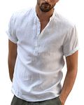 YAOBAOLE Men's Cotton Linen Henley Shirt Short Sleeve Hippie Casual Beach Party Shirts White 2XL