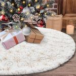 Dremisland Faux Fur Christmas Tree Skirt 122cm Large White&Gold Plush Tree Skirt with Sequin Snowflakes Vine Branch Tree Mat Base Cover for Xmas Holiday Party Home Decor