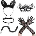 5PCS Black Cat Costume- Lace Cat Ears and Tail, Sexy Gloves Choker Necklace and Mask, Sexy Cat Halloween Accessories Women Halloween Costumes for Women Sexy