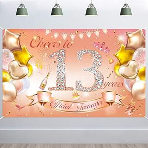 HOWAF Chica 13 Cumpleaños Decoración Oro Rosa, Chica 13 Cumpleaños Pancarta de Tela para 13 Años Telón de Fondo, 13 Cumpleaños Pared Jardín Decoración, 13 Cumpleaños Interior Exterior Decoración