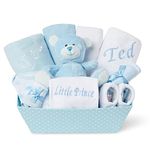 Baby Box Shop Personalised Baby Boy Gifts Set - 12 Baby Essentials for Newborn with 2 Personalised Gifts for Baby Boy - Baby Boy Hamper with Personalised Baby Gifts, Baby Boy Personalised Gifts - Blue