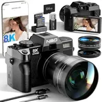 NBD 8K 64MP Digital Cameras for Photography with Dual-Lens,180°Flip Screen—Point and Shoot Digital Cameras with 16X Zoom,Autofocus WiFi Vlogging Camera for Beginners, 2 Batteries,64GB Card (Black)