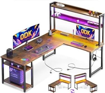 ODK Escritorio Gaming con LED, Escritorio con Estante Reversible, Escritorio en L con Enchufes y Puertos USB, Escritorio Gaming Madera Vintage con Compartimentos y Almacenamiento, 150×120 cm