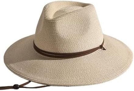 FURTALK Womens Summer Straw Sun Hats Wide Brim Panama Fedora Beach Hat with Wind Lanyard UPF 80+ Beige